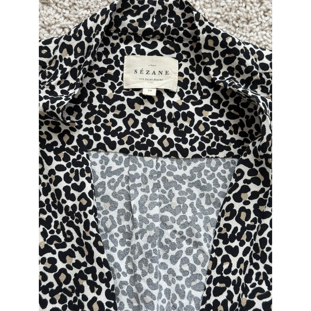 Sezane Abelia Cream Leopard Faux Wrap Blouse Long Sleeve Draped V-Neck Sz 34/XS - Picture 5 of 10